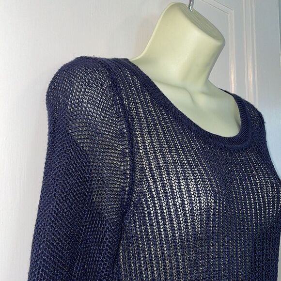 Talbots navy blue loose weave long sweater with 3/4 sleeves - Picture 5 of 8